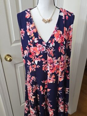 STUDIO ONE NEW YORK BRAND WOMEN'S BLUE & CORAL FLORAL SLEEVELESS DRESS SIZE 2X